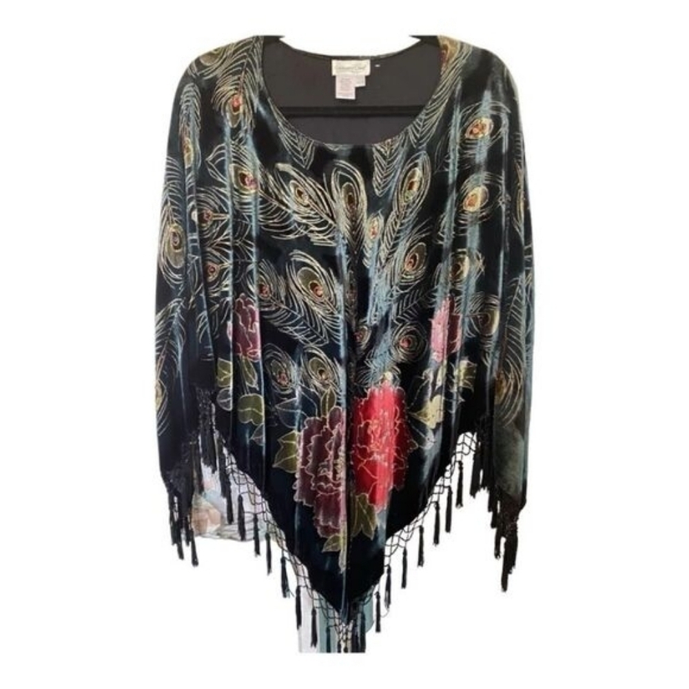 COLDWATER CREEK Velvet Peacock Feather Floral Poncho Sz MO/S Black Piano Fringe